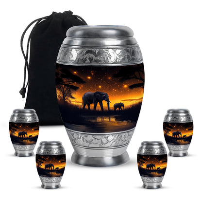 Glossy Black Elephant Cremation Urn detail view - ornate monarch-style elephant relief on brushed aluminum - memorial set with one large and four small urns