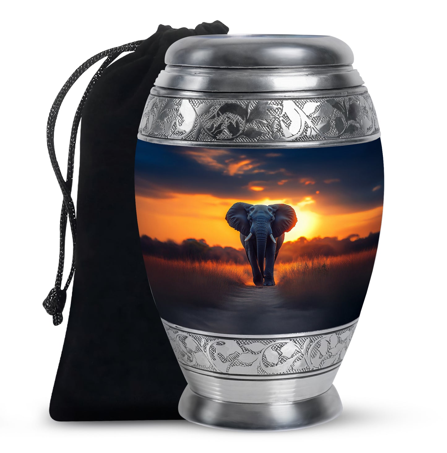 Soft Blue Elephant Cremation Urn back view with polished surface - majestic elephant pattern with filigree border - full-size 10 inch 200 cubic inch adult cremation urn