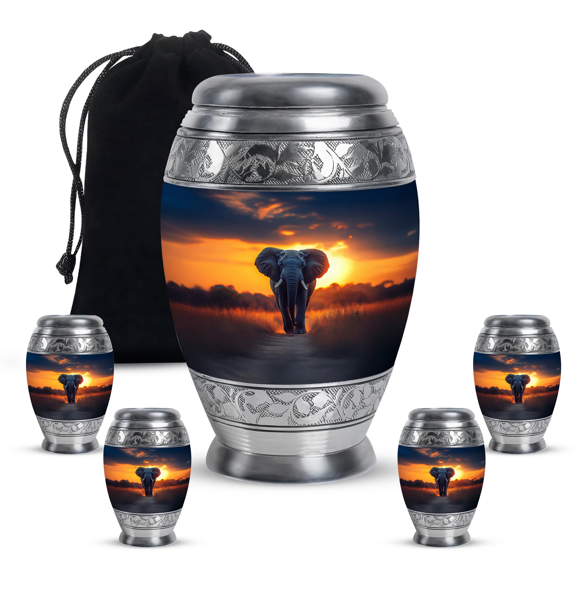 Steel Blue Elephant Cremation Urn detail view - majestic elephant pattern with filigree border - memorial set with one large and four small urns