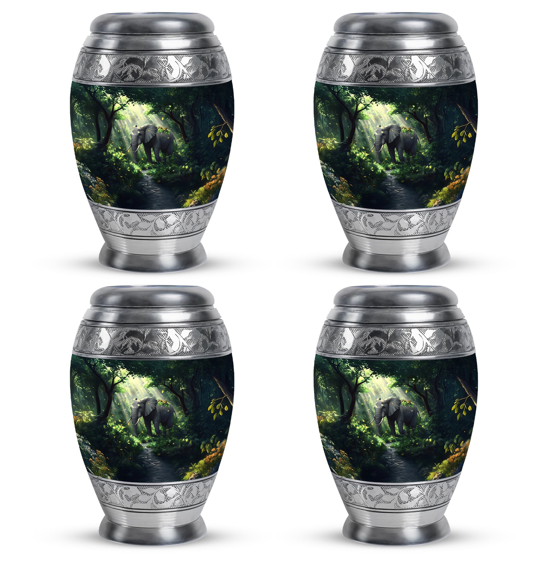 Aqua Teal Elephant Cremation Urn urn with complimentary velvet bag - royal elephant engraving with decorative scrollwork - 10 inch aluminum urn for cremated remains