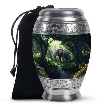 Tropical Teal Elephant Cremation Urn back view with polished surface - royal elephant engraving with decorative scrollwork - full-size 10 inch 200 cubic inch adult cremation urn