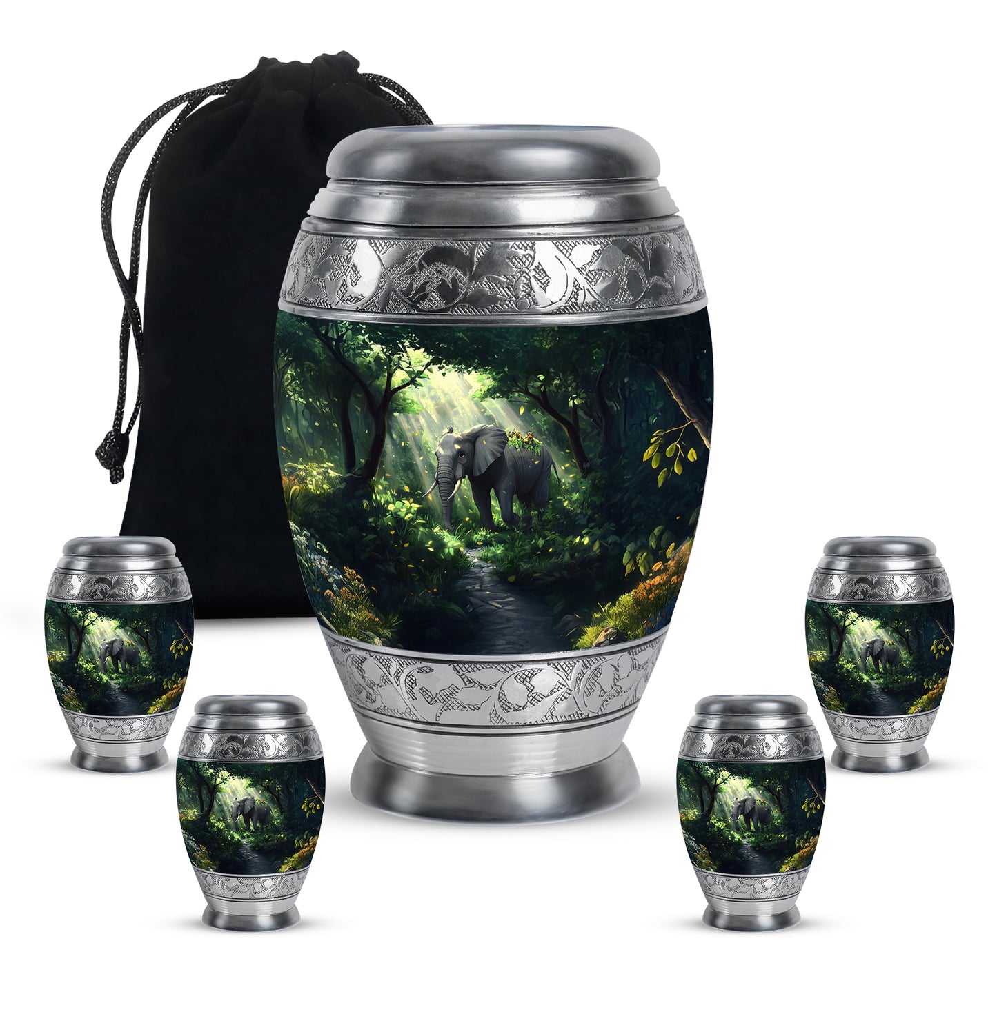 Soft Teal Elephant Cremation Urn detail view - regal elephant design with crown-inspired accents - memorial set with one large and four small urns