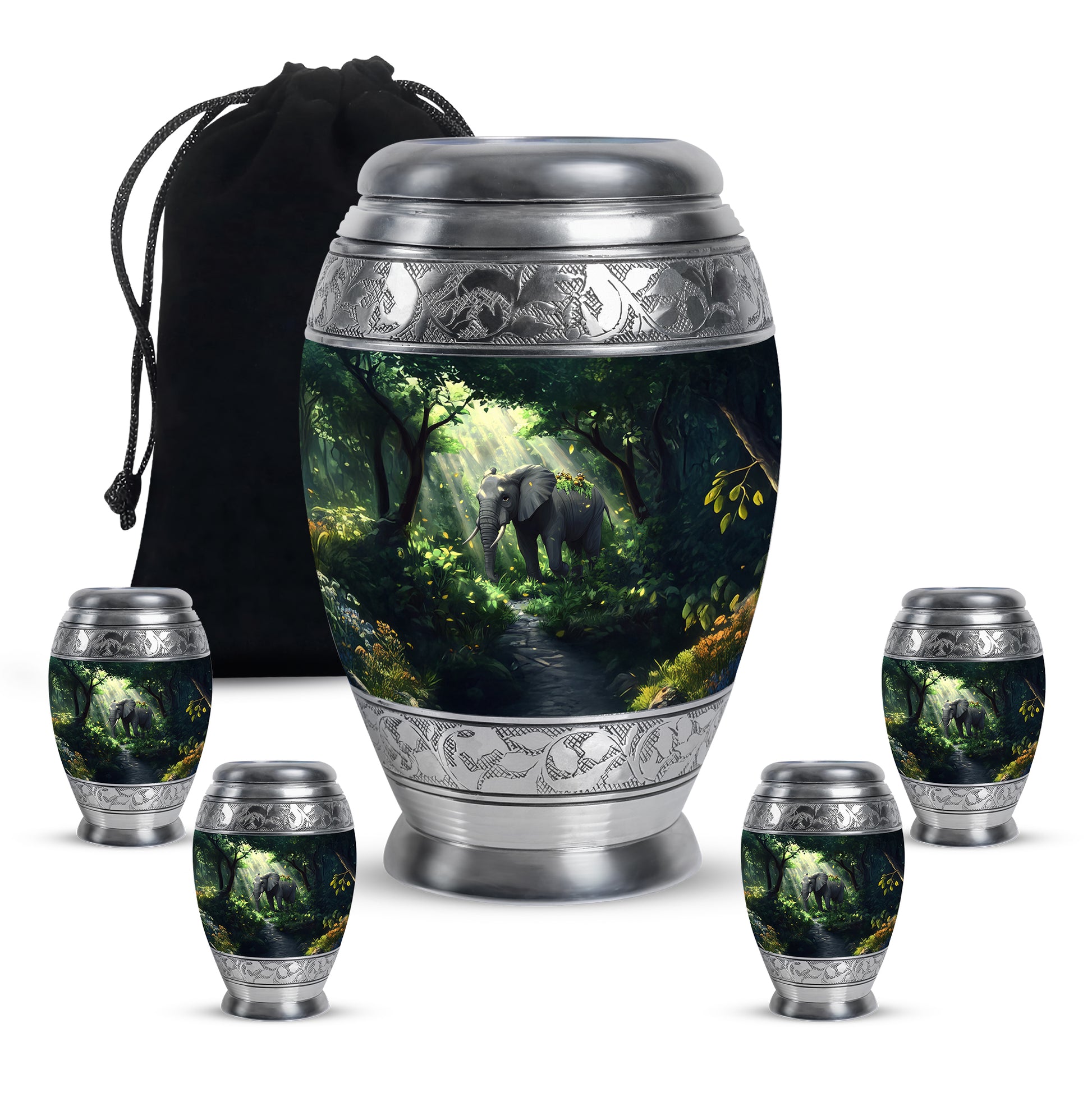 Soft Teal Elephant Cremation Urn detail view - regal elephant design with crown-inspired accents - memorial set with one large and four small urns