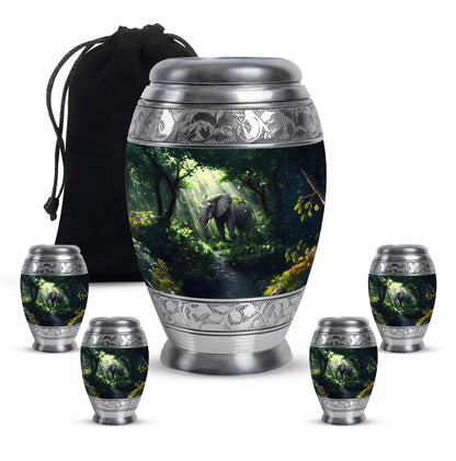 Soft Teal Elephant Cremation Urn detail view - regal elephant design with crown-inspired accents - memorial set with one large and four small urns