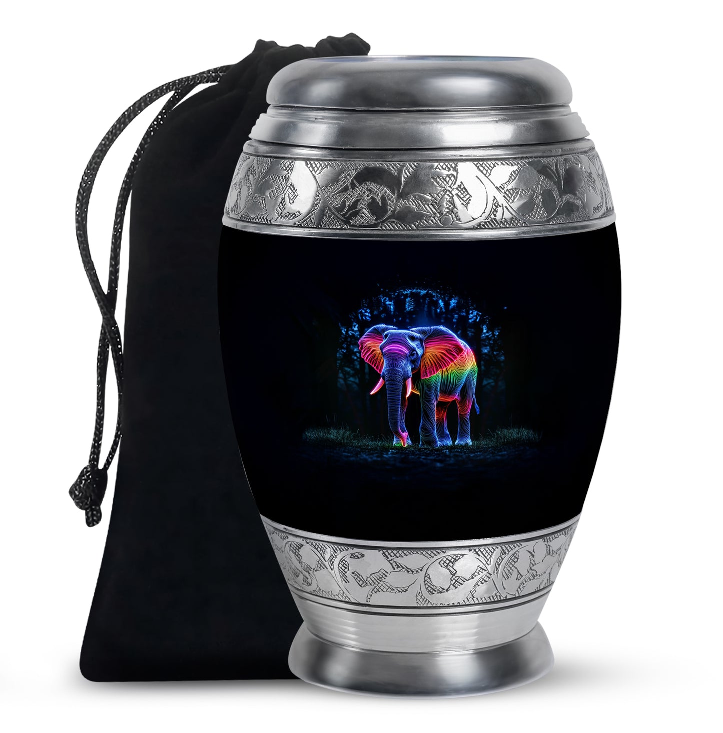 Obsidian Black Elephant Cremation Urn back view with polished surface - majestic elephant pattern with filigree border - full-size 10 inch 200 cubic inch adult cremation urn
