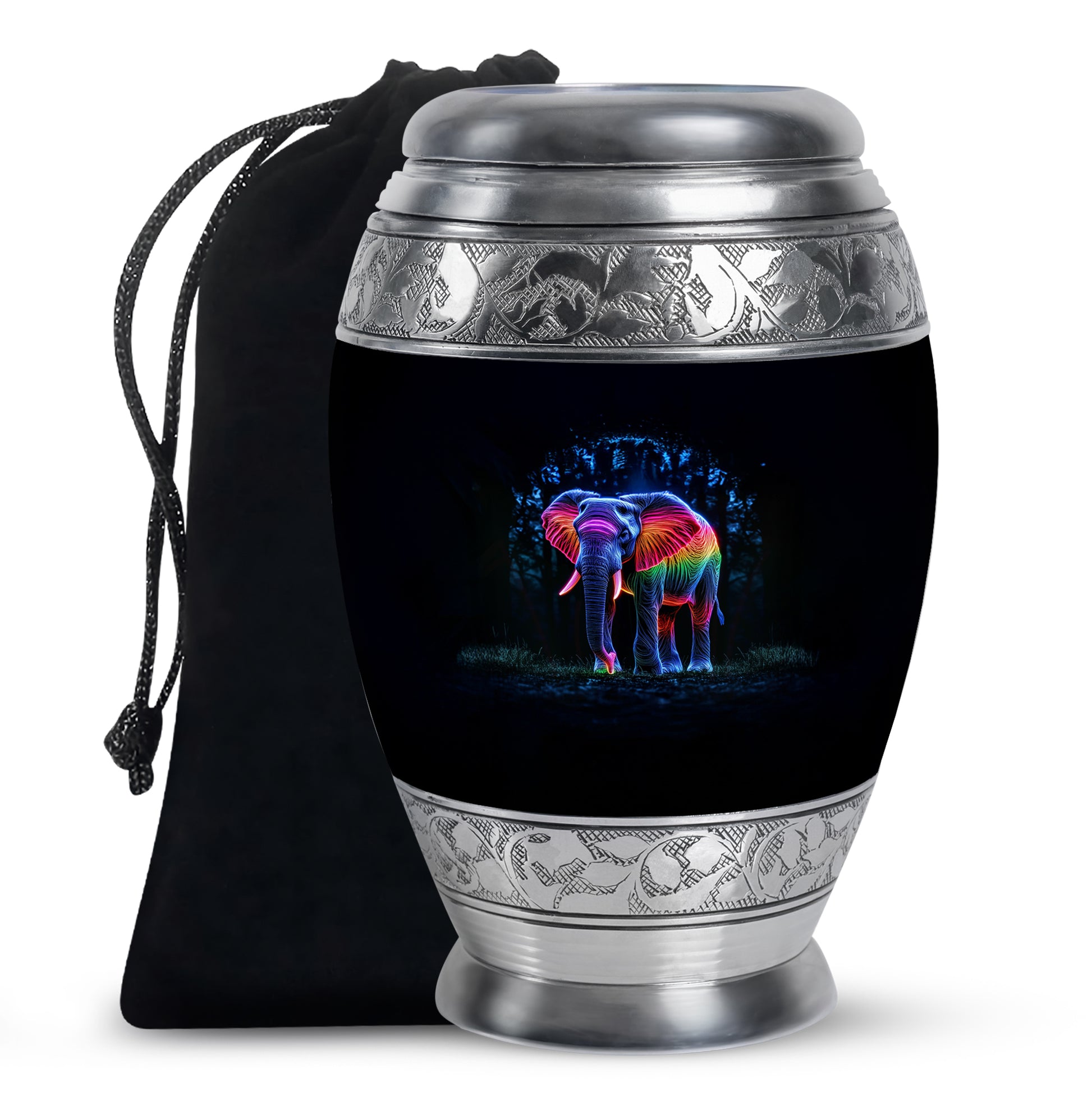 Obsidian Black Elephant Cremation Urn back view with polished surface - majestic elephant pattern with filigree border - full-size 10 inch 200 cubic inch adult cremation urn
