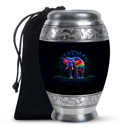 Obsidian Black Elephant Cremation Urn back view with polished surface - majestic elephant pattern with filigree border - full-size 10 inch 200 cubic inch adult cremation urn