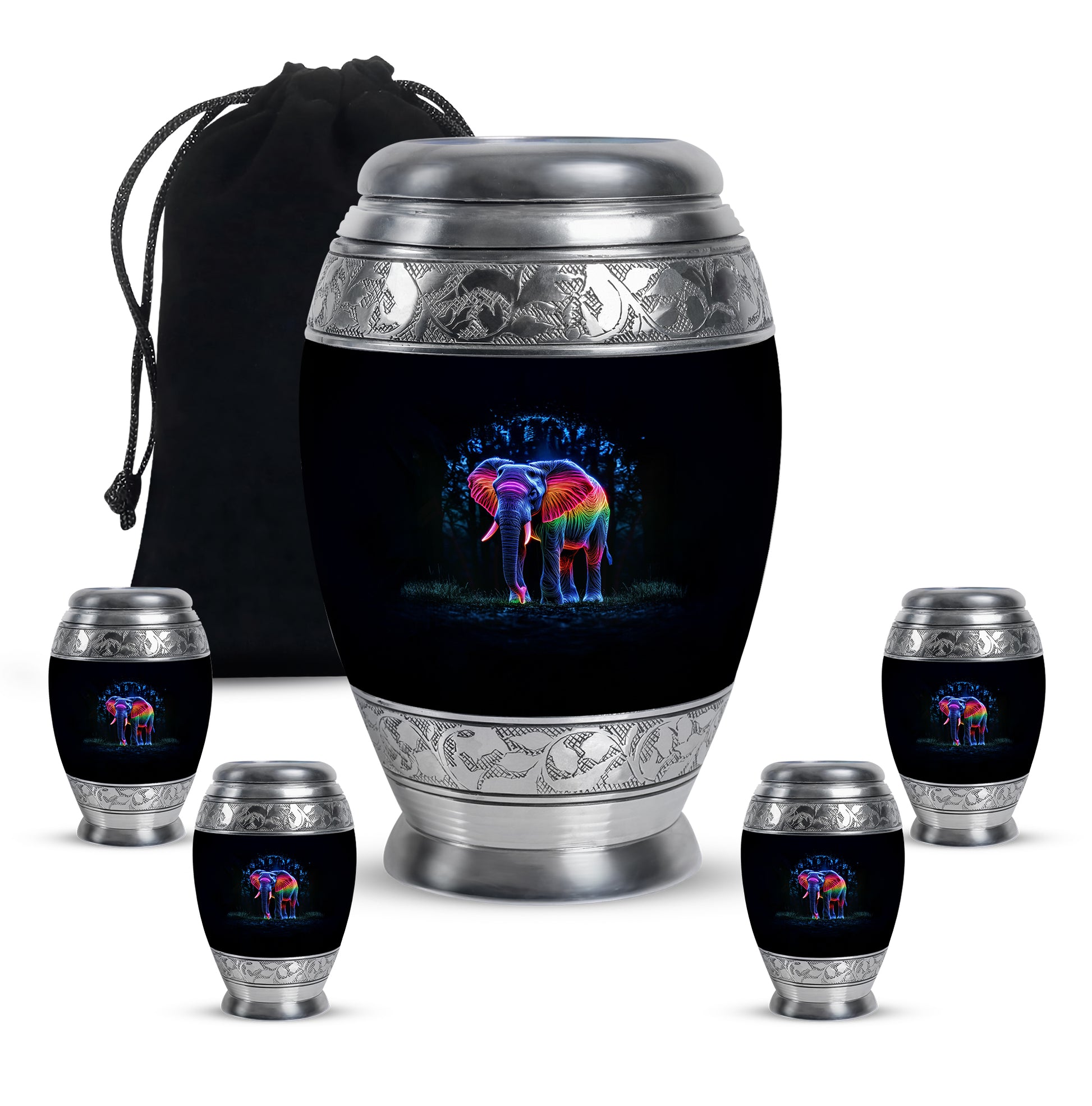 Obsidian Black Elephant Cremation Urn detail view - royal elephant engraving with decorative scrollwork - memorial set with one large and four small urns
