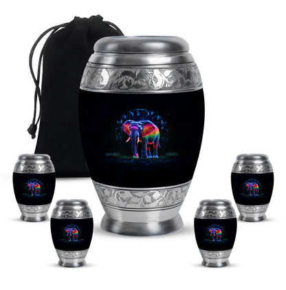 Obsidian Black Elephant Cremation Urn detail view - royal elephant engraving with decorative scrollwork - memorial set with one large and four small urns