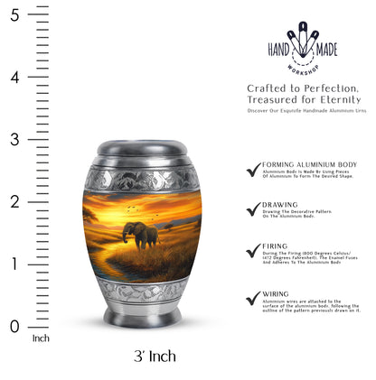 Royal Gold Elephant Cremation Urn lifestyle display on memorial shelf - majestic elephant pattern with filigree border - mini keepsake memorial for portion of cremation ashes