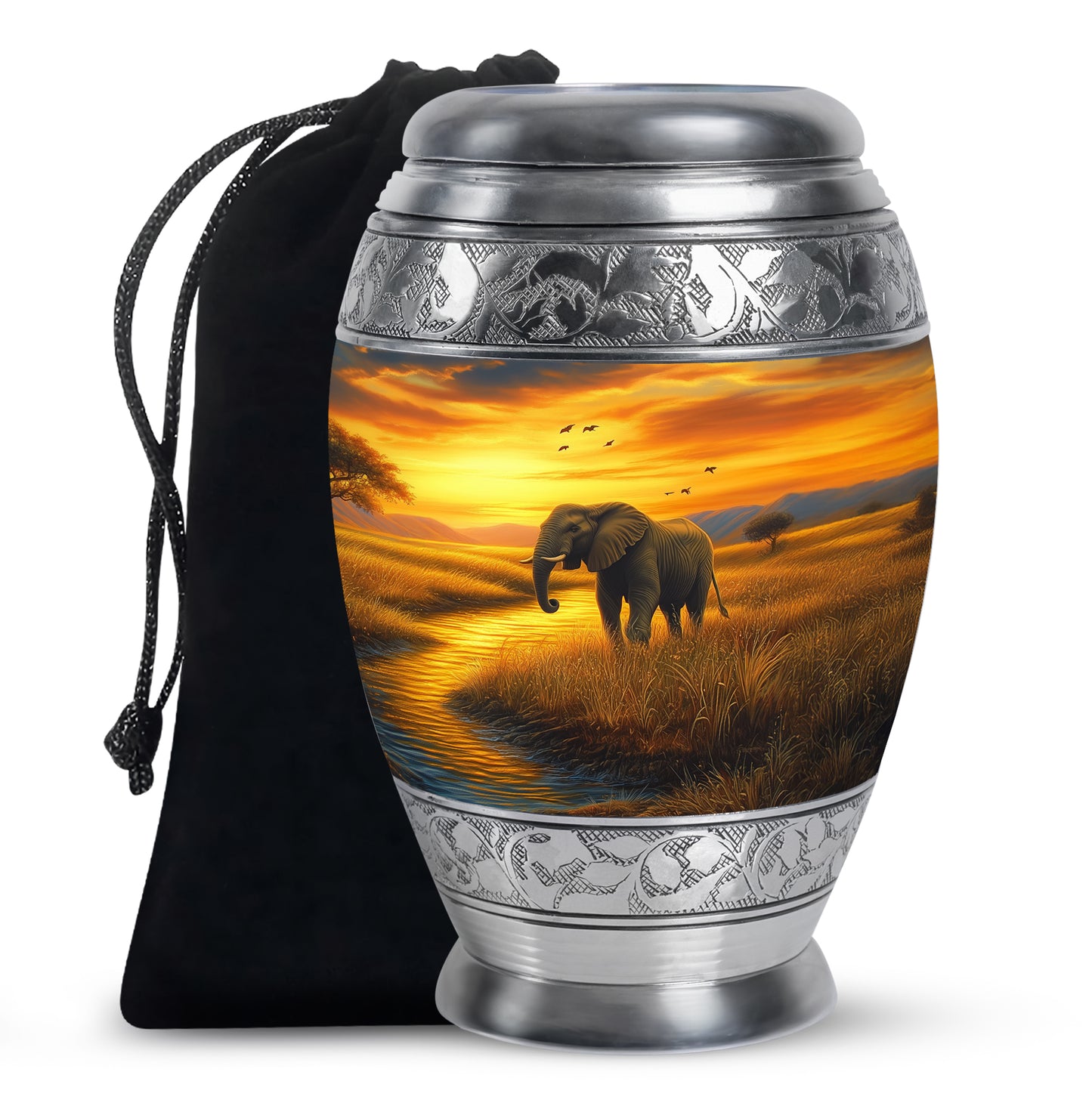 Harvest Gold Elephant Cremation Urn back view with polished surface - majestic elephant pattern with filigree border - full-size 10 inch 200 cubic inch adult cremation urn