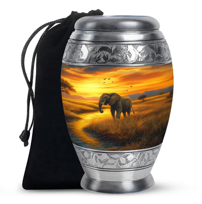 Harvest Gold Elephant Cremation Urn back view with polished surface - majestic elephant pattern with filigree border - full-size 10 inch 200 cubic inch adult cremation urn
