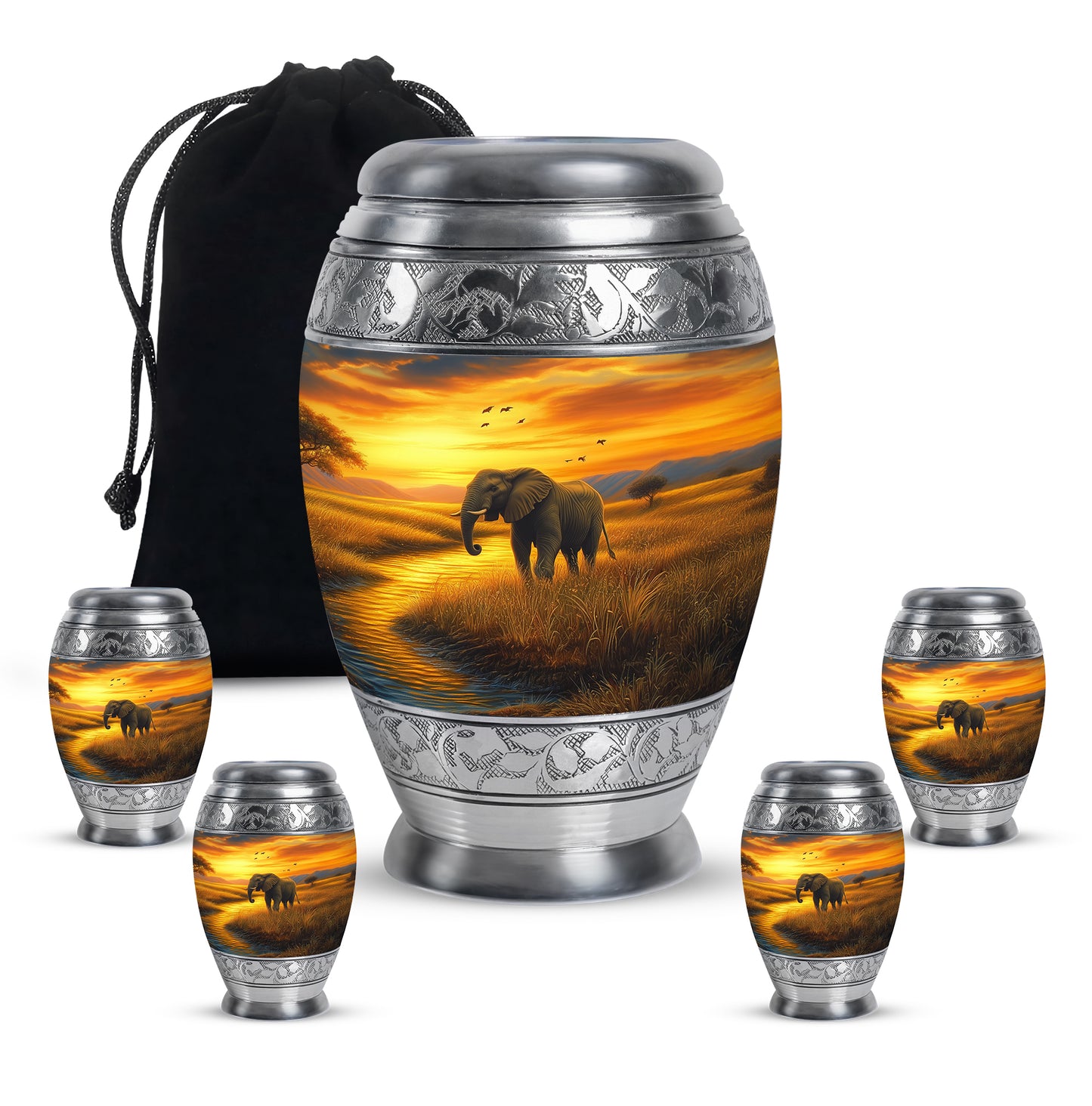 Amber Gold Elephant Cremation Urn detail view - regal elephant design with crown-inspired accents - memorial set with one large and four small urns