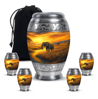 Amber Gold Elephant Cremation Urn detail view - regal elephant design with crown-inspired accents - memorial set with one large and four small urns