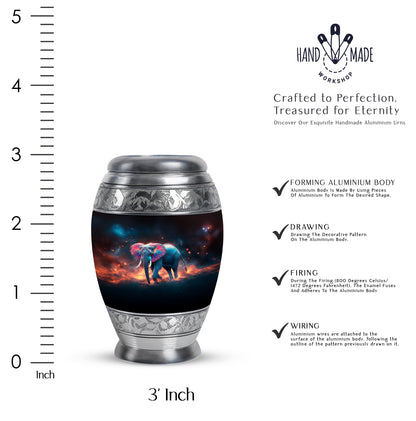 Dark Black Elephant Cremation Urn lifestyle display on memorial shelf - royal elephant engraving with decorative scrollwork - mini keepsake memorial for portion of cremation ashes