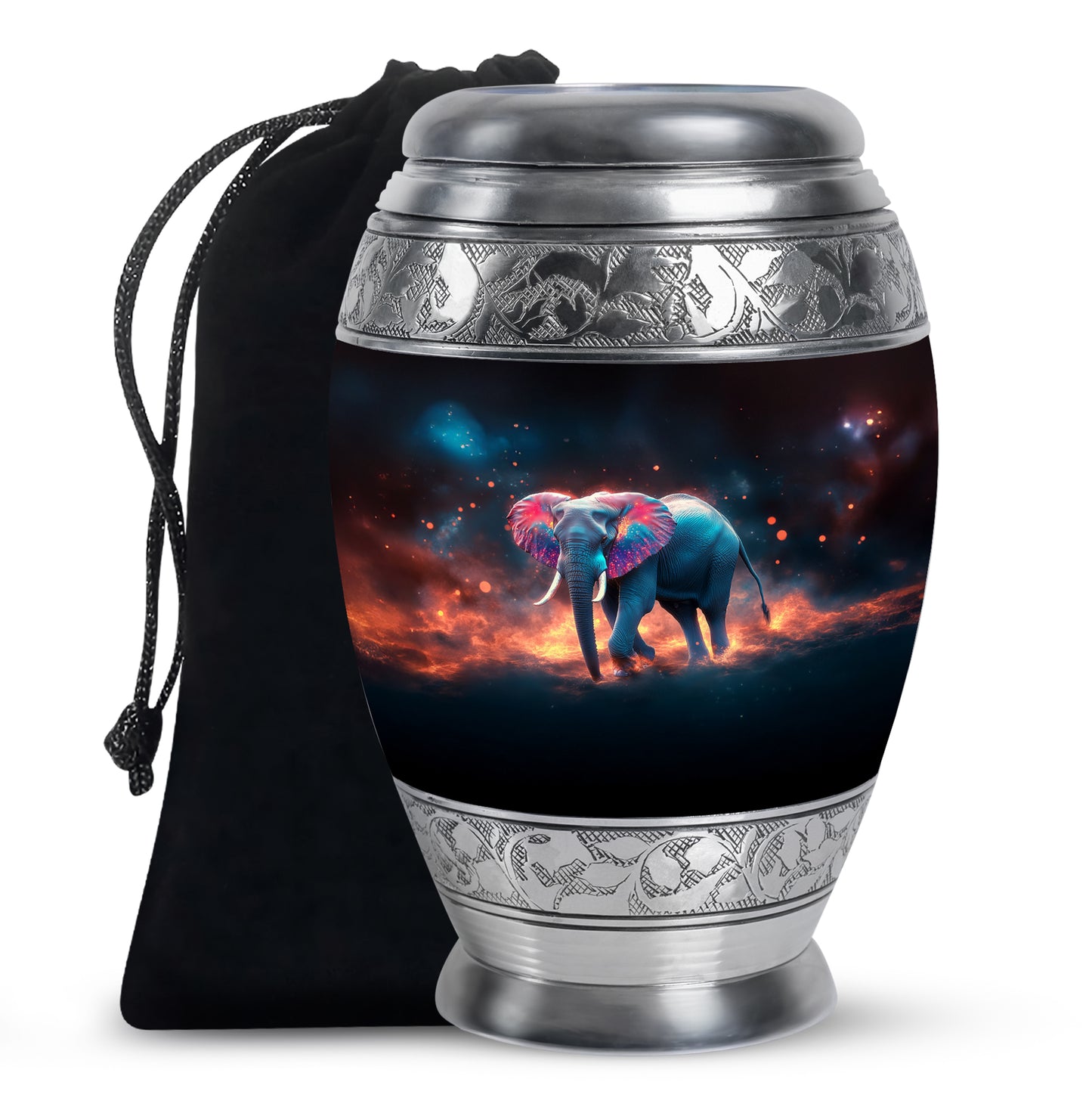 Dark Black Elephant Cremation Urn back view with polished surface - royal elephant engraving with decorative scrollwork - full-size 10 inch 200 cubic inch adult cremation urn
