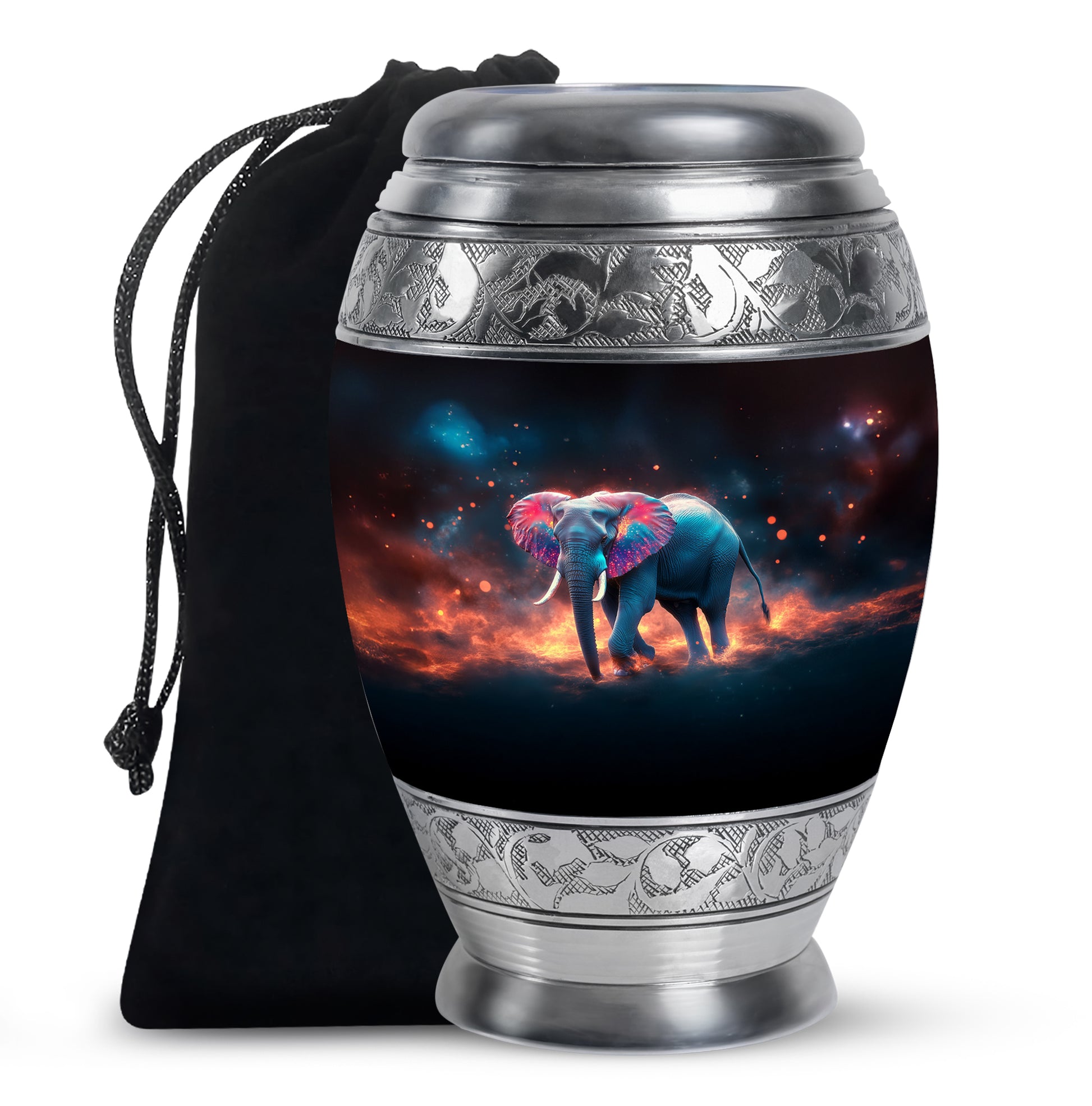 Dark Black Elephant Cremation Urn back view with polished surface - royal elephant engraving with decorative scrollwork - full-size 10 inch 200 cubic inch adult cremation urn