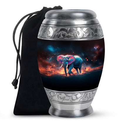Dark Black Elephant Cremation Urn back view with polished surface - royal elephant engraving with decorative scrollwork - full-size 10 inch 200 cubic inch adult cremation urn