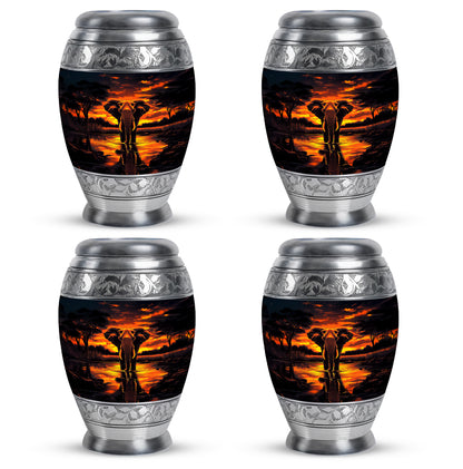 Ebony Elephant Cremation Urn urn with complimentary velvet bag - ornate monarch-style elephant relief on brushed aluminum - 10 inch aluminum urn for cremated remains