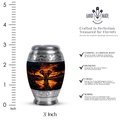 Dark Black Elephant Cremation Urn lifestyle display on memorial shelf - royal elephant engraving with decorative scrollwork - mini keepsake memorial for portion of cremation ashes