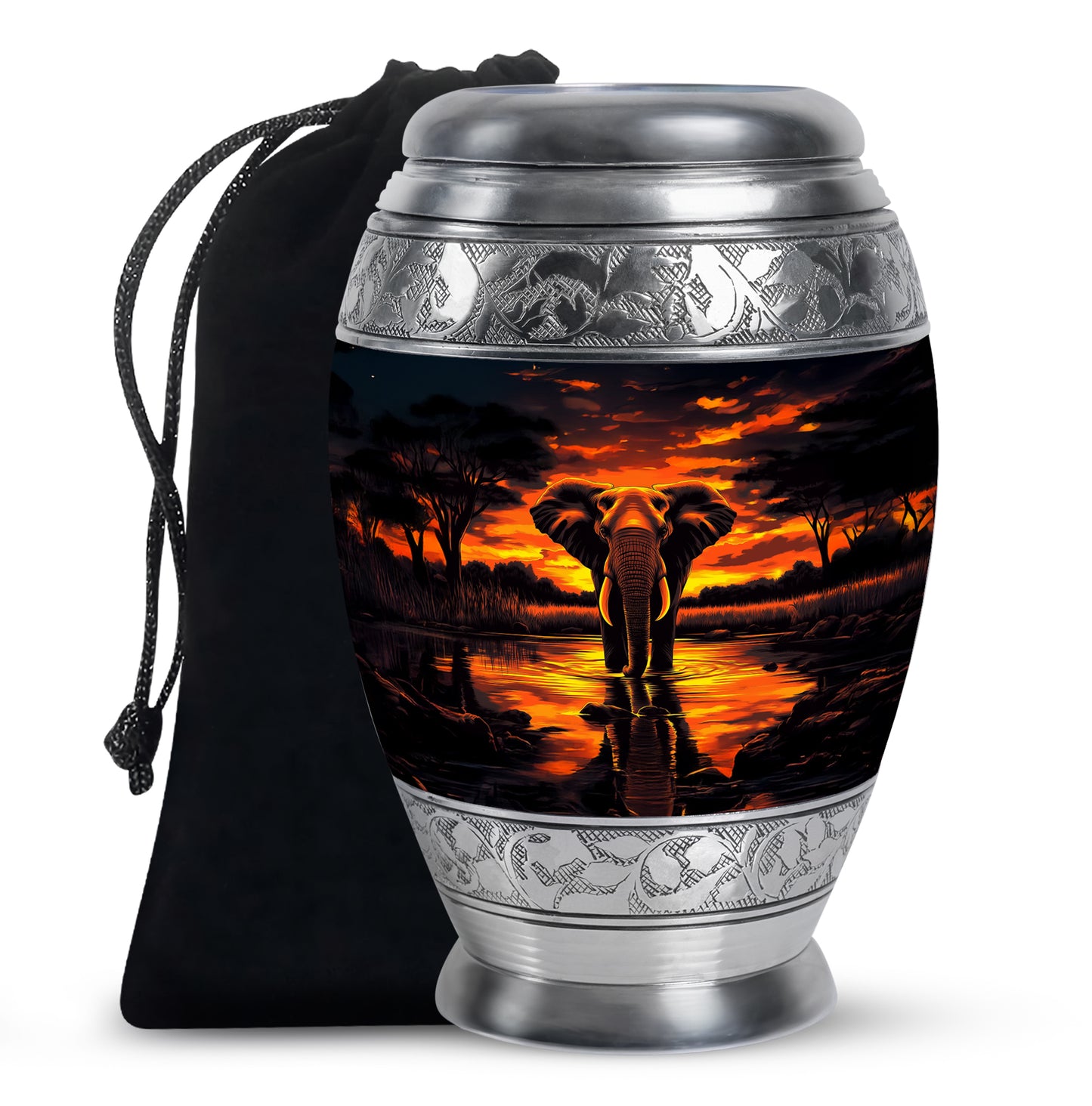 Jet Black Elephant Cremation Urn back view with polished surface - ornate monarch-style elephant relief on brushed aluminum - full-size 10 inch 200 cubic inch adult cremation urn
