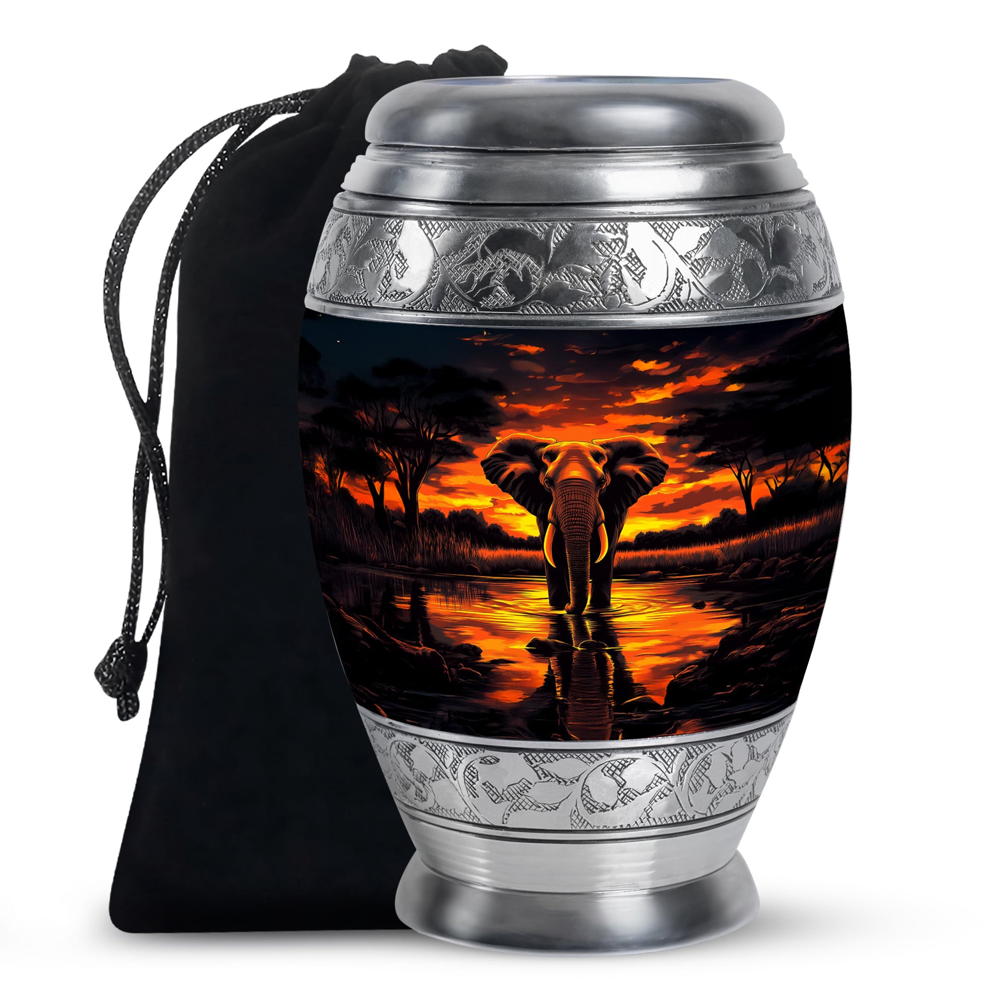 Jet Black Elephant Cremation Urn back view with polished surface - ornate monarch-style elephant relief on brushed aluminum - full-size 10 inch 200 cubic inch adult cremation urn