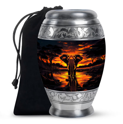 Jet Black Elephant Cremation Urn back view with polished surface - ornate monarch-style elephant relief on brushed aluminum - full-size 10 inch 200 cubic inch adult cremation urn