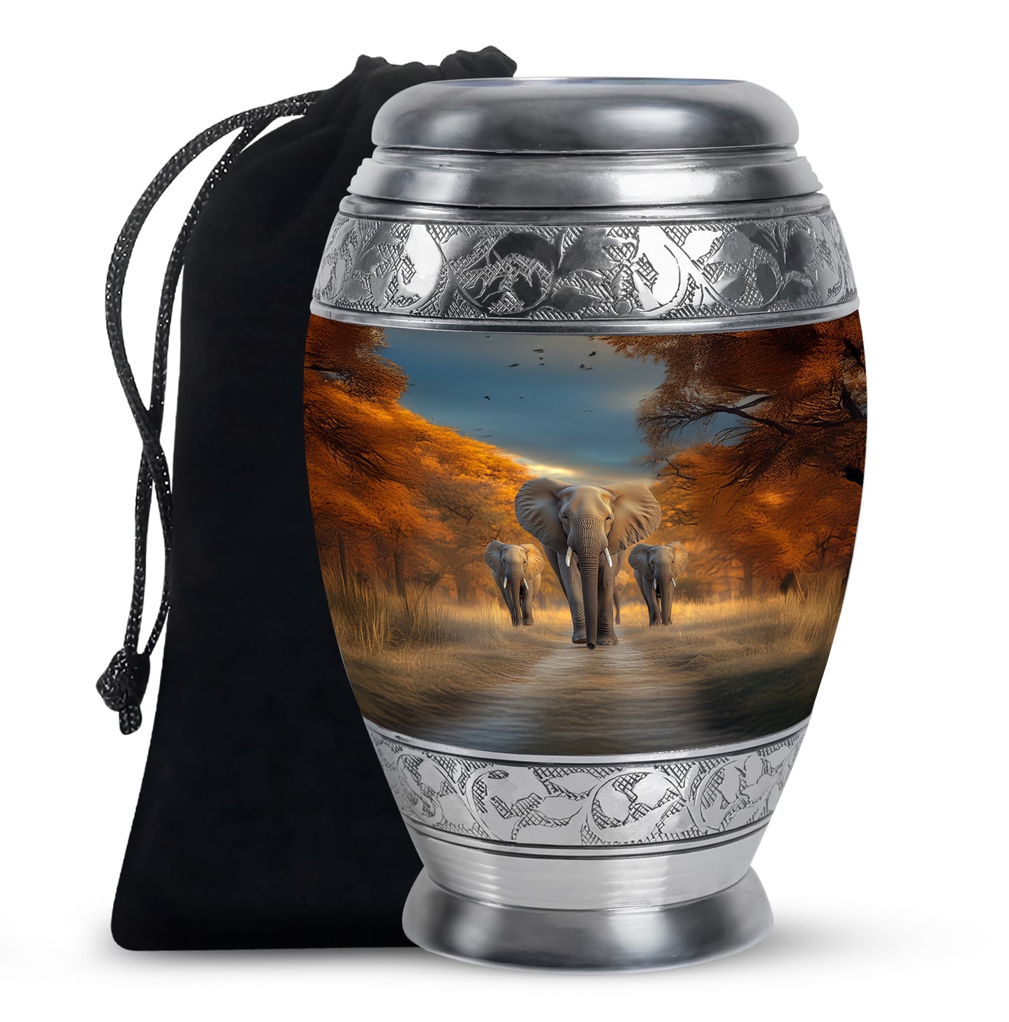 Sky Blue Elephant Cremation Urn back view with polished surface - ornate monarch-style elephant relief on brushed aluminum - full-size 10 inch 200 cubic inch adult cremation urn