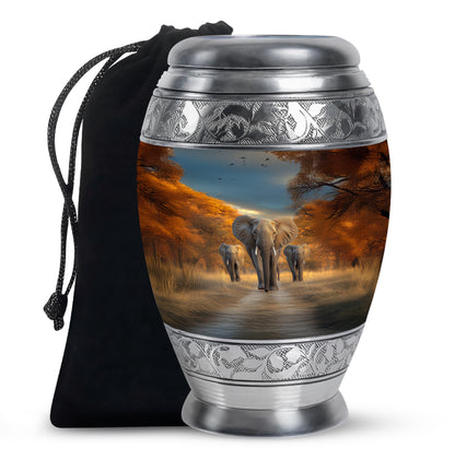 Sky Blue Elephant Cremation Urn back view with polished surface - ornate monarch-style elephant relief on brushed aluminum - full-size 10 inch 200 cubic inch adult cremation urn