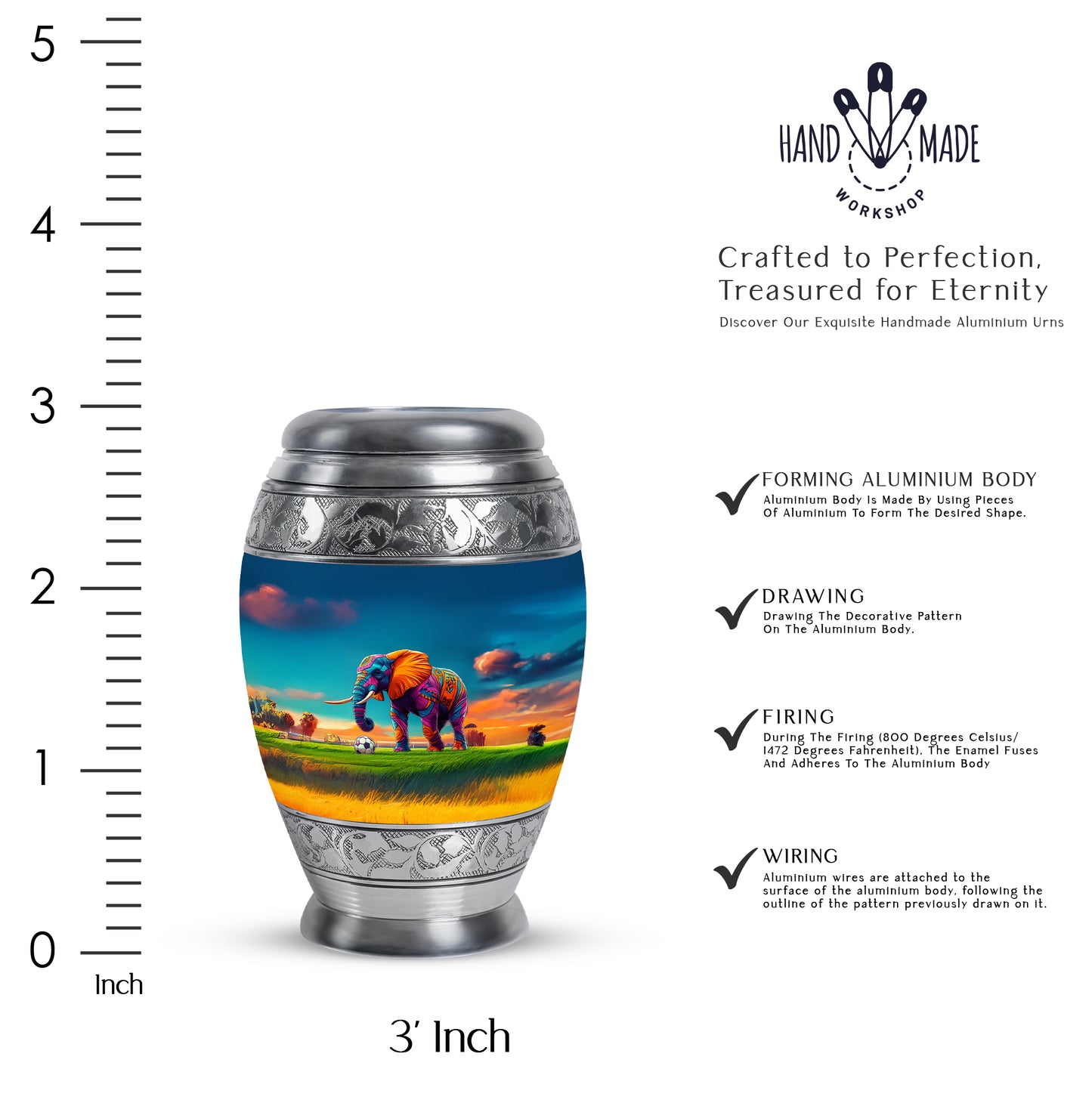 Navy Blue Elephant Cremation Urn lifestyle display on memorial shelf - ornate monarch-style elephant relief on brushed aluminum - mini keepsake memorial for portion of cremation ashes