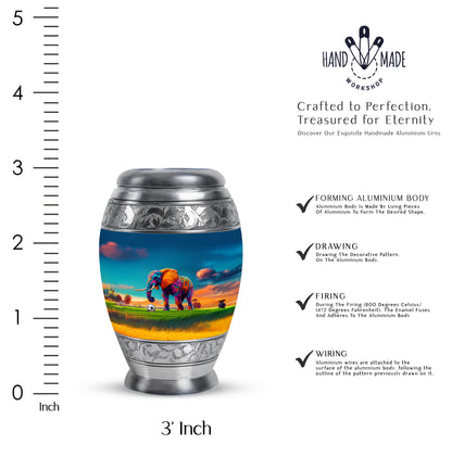 Navy Blue Elephant Cremation Urn lifestyle display on memorial shelf - ornate monarch-style elephant relief on brushed aluminum - mini keepsake memorial for portion of cremation ashes