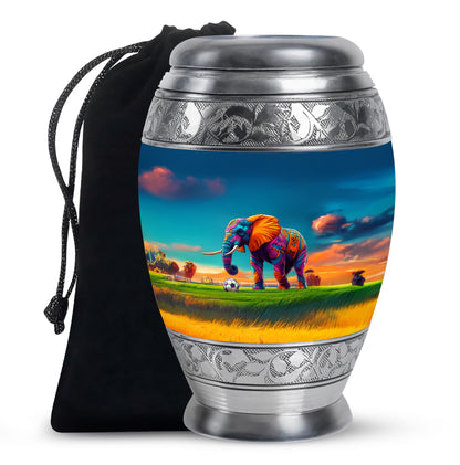 Cornflower Blue Elephant Cremation Urn back view with polished surface - majestic elephant pattern with filigree border - full-size 10 inch 200 cubic inch adult cremation urn