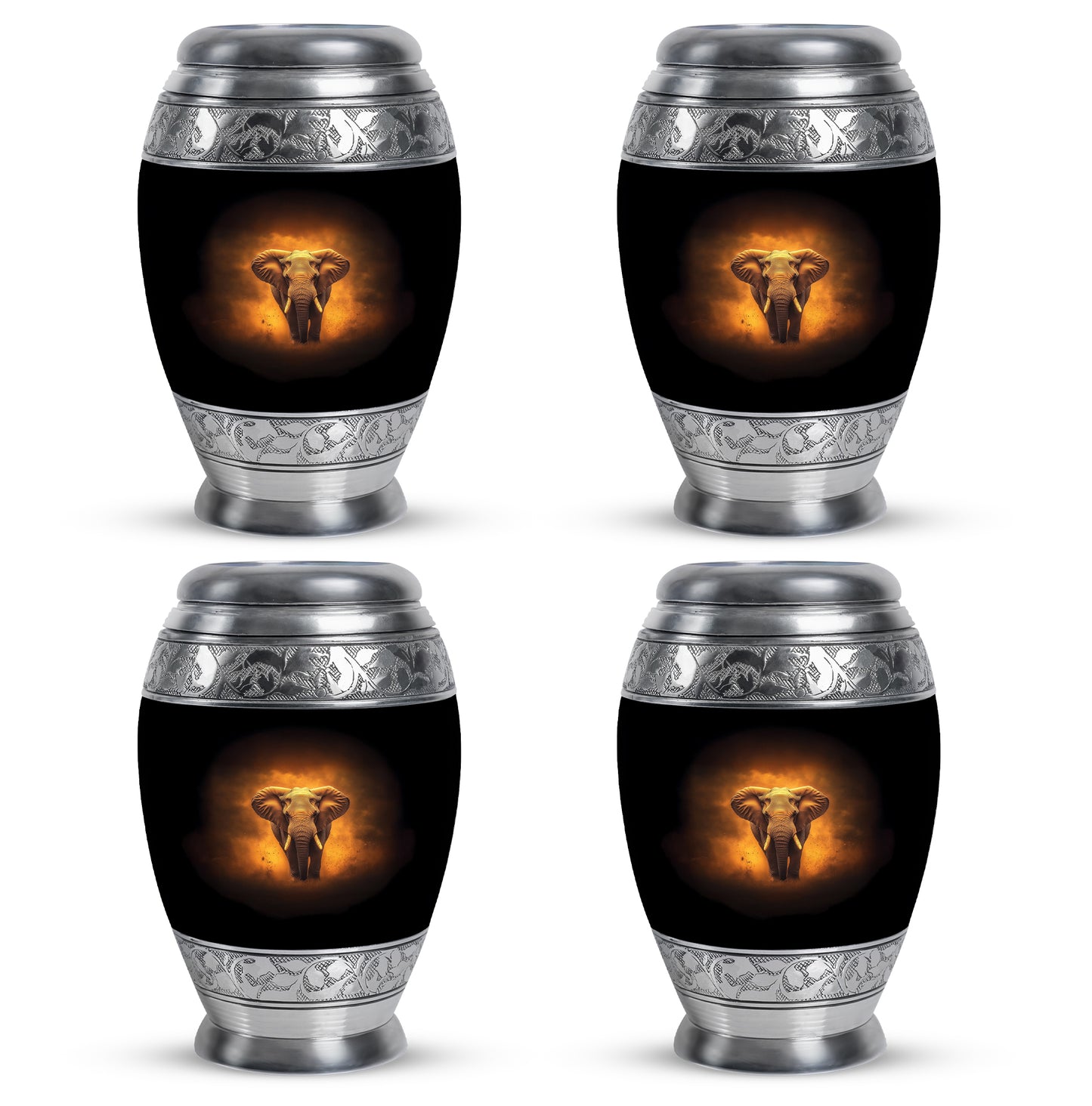 Rich Black Elephant Cremation Urn urn with complimentary velvet bag - ornate monarch-style elephant relief on brushed aluminum - 10 inch aluminum urn for cremated remains