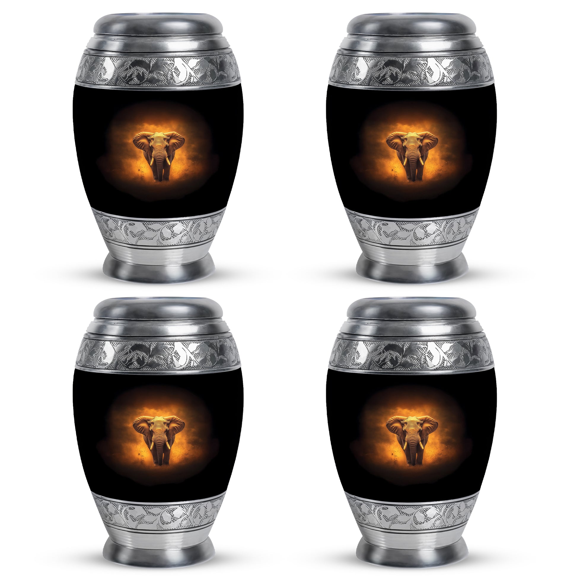 Rich Black Elephant Cremation Urn urn with complimentary velvet bag - ornate monarch-style elephant relief on brushed aluminum - 10 inch aluminum urn for cremated remains
