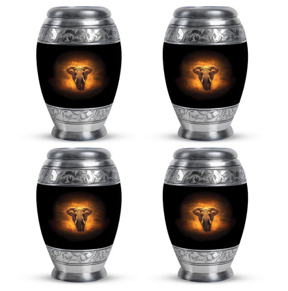 Rich Black Elephant Cremation Urn urn with complimentary velvet bag - ornate monarch-style elephant relief on brushed aluminum - 10 inch aluminum urn for cremated remains