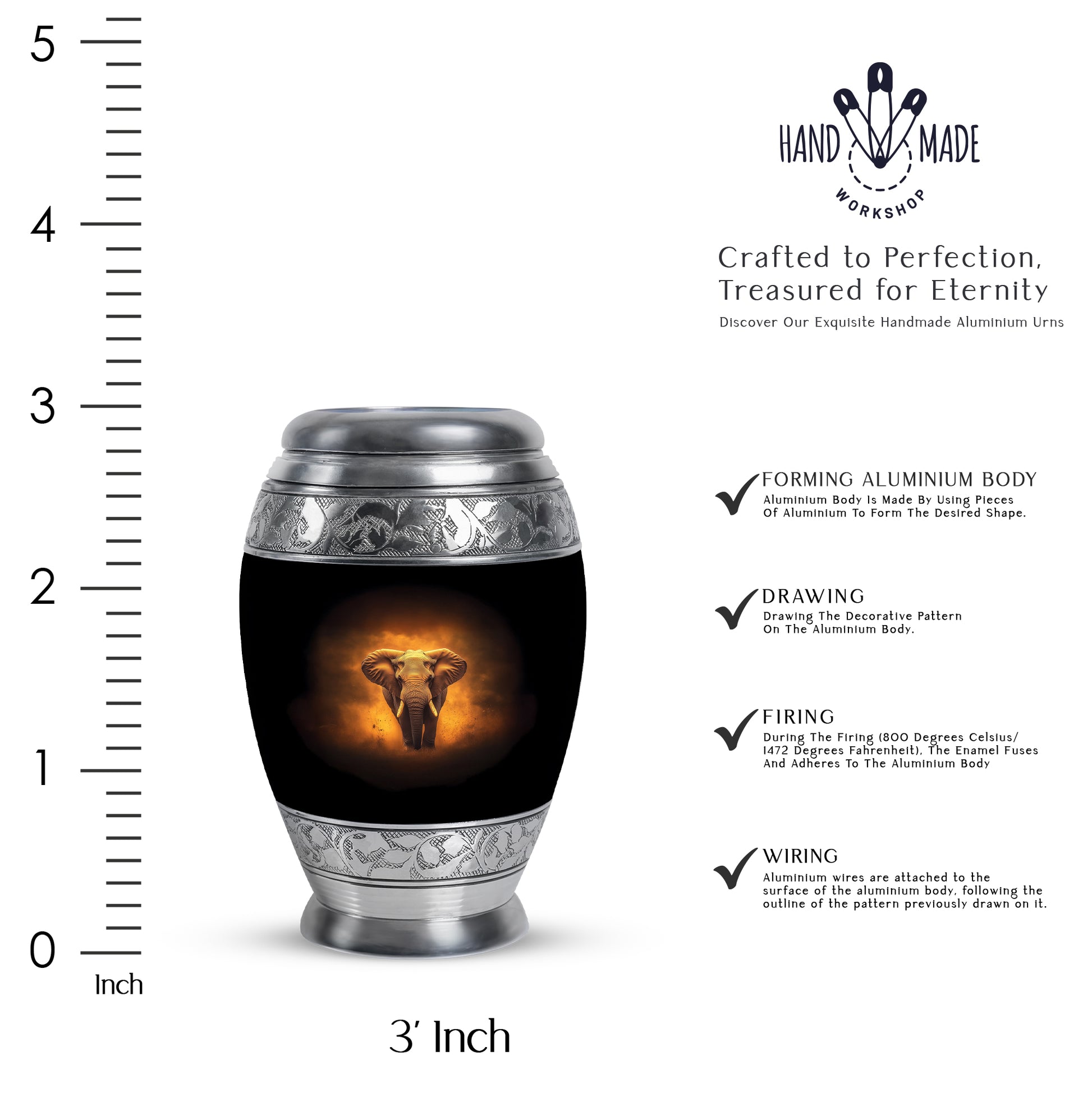 Onyx Black Elephant Cremation Urn lifestyle display on memorial shelf - majestic elephant pattern with filigree border - mini keepsake memorial for portion of cremation ashes