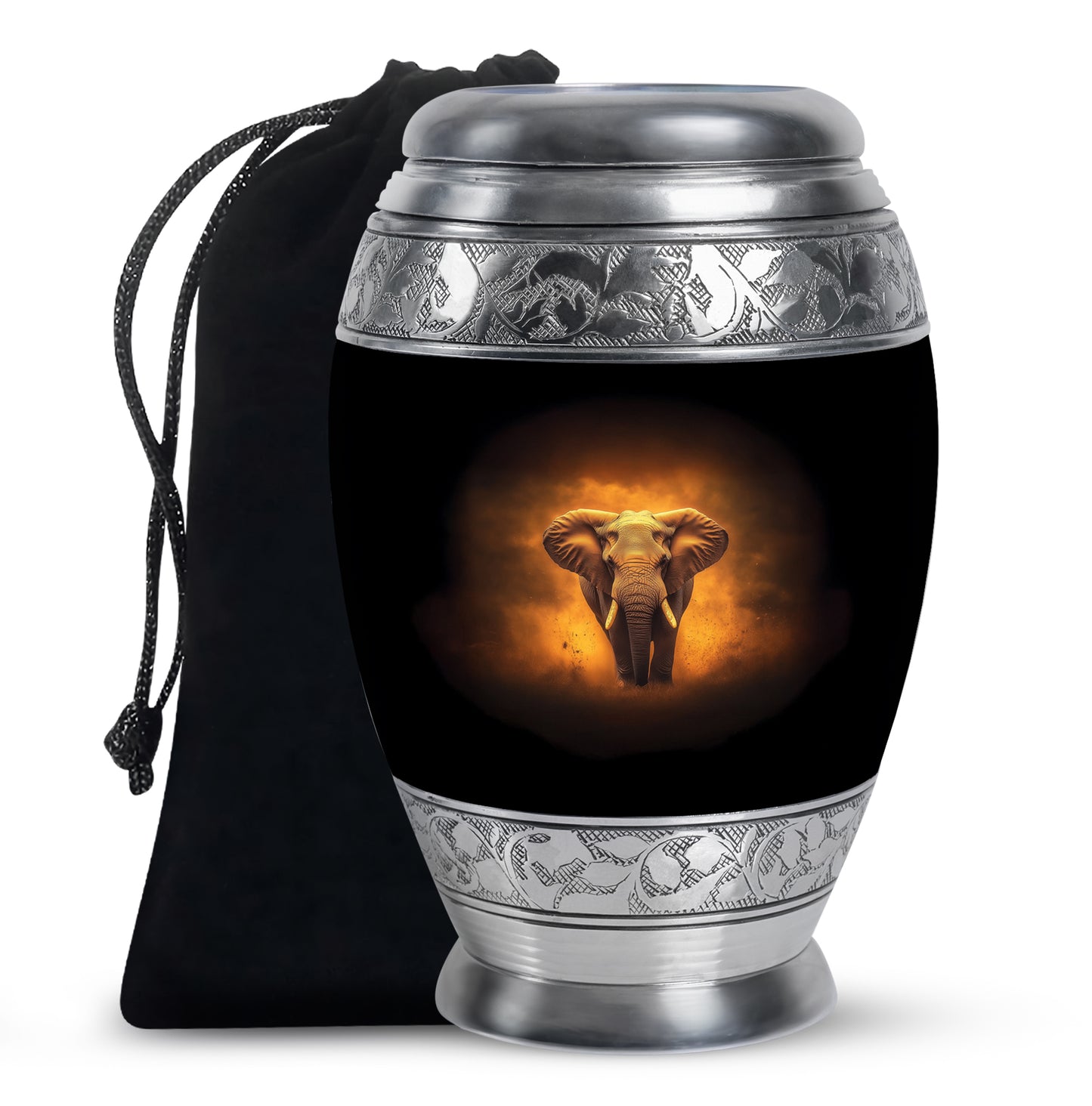 Ebony Elephant Cremation Urn back view with polished surface - ornate monarch-style elephant relief on brushed aluminum - full-size 10 inch 200 cubic inch adult cremation urn