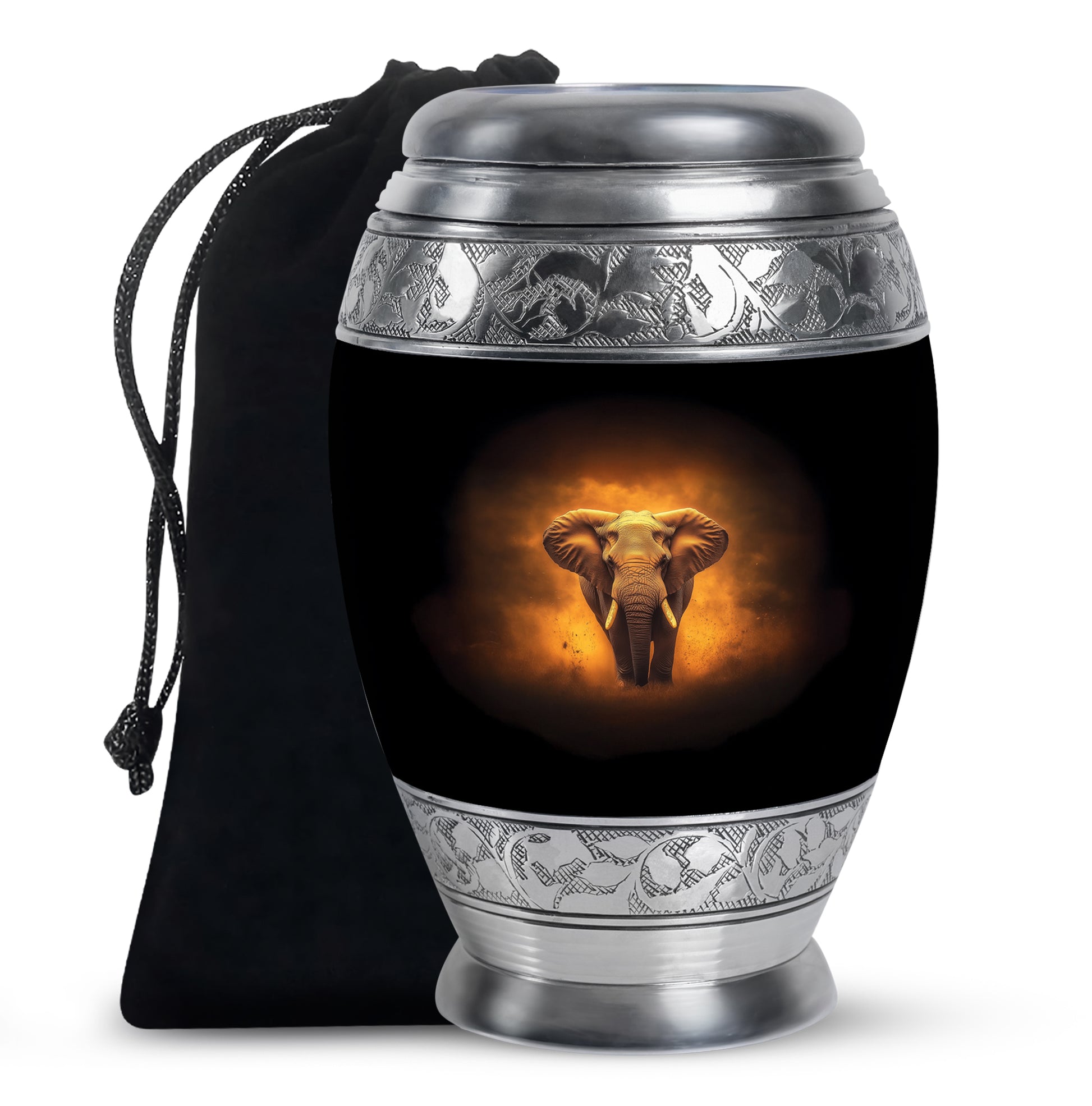 Ebony Elephant Cremation Urn back view with polished surface - ornate monarch-style elephant relief on brushed aluminum - full-size 10 inch 200 cubic inch adult cremation urn