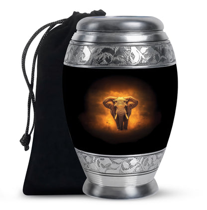 Ebony Elephant Cremation Urn back view with polished surface - ornate monarch-style elephant relief on brushed aluminum - full-size 10 inch 200 cubic inch adult cremation urn