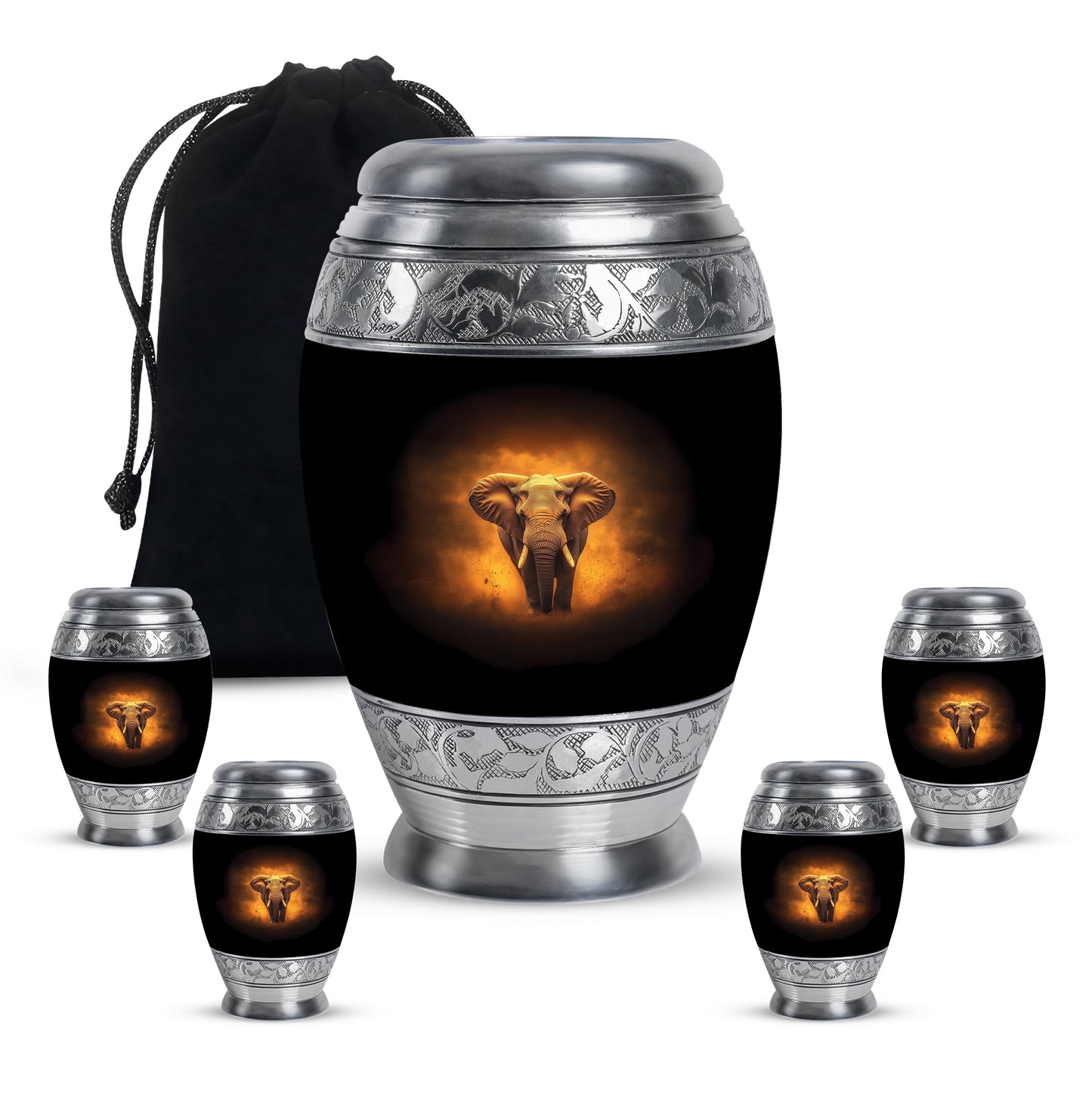 Deep Black Elephant Cremation Urn detail view - ornate monarch-style elephant relief on brushed aluminum - memorial set with one large and four small urns