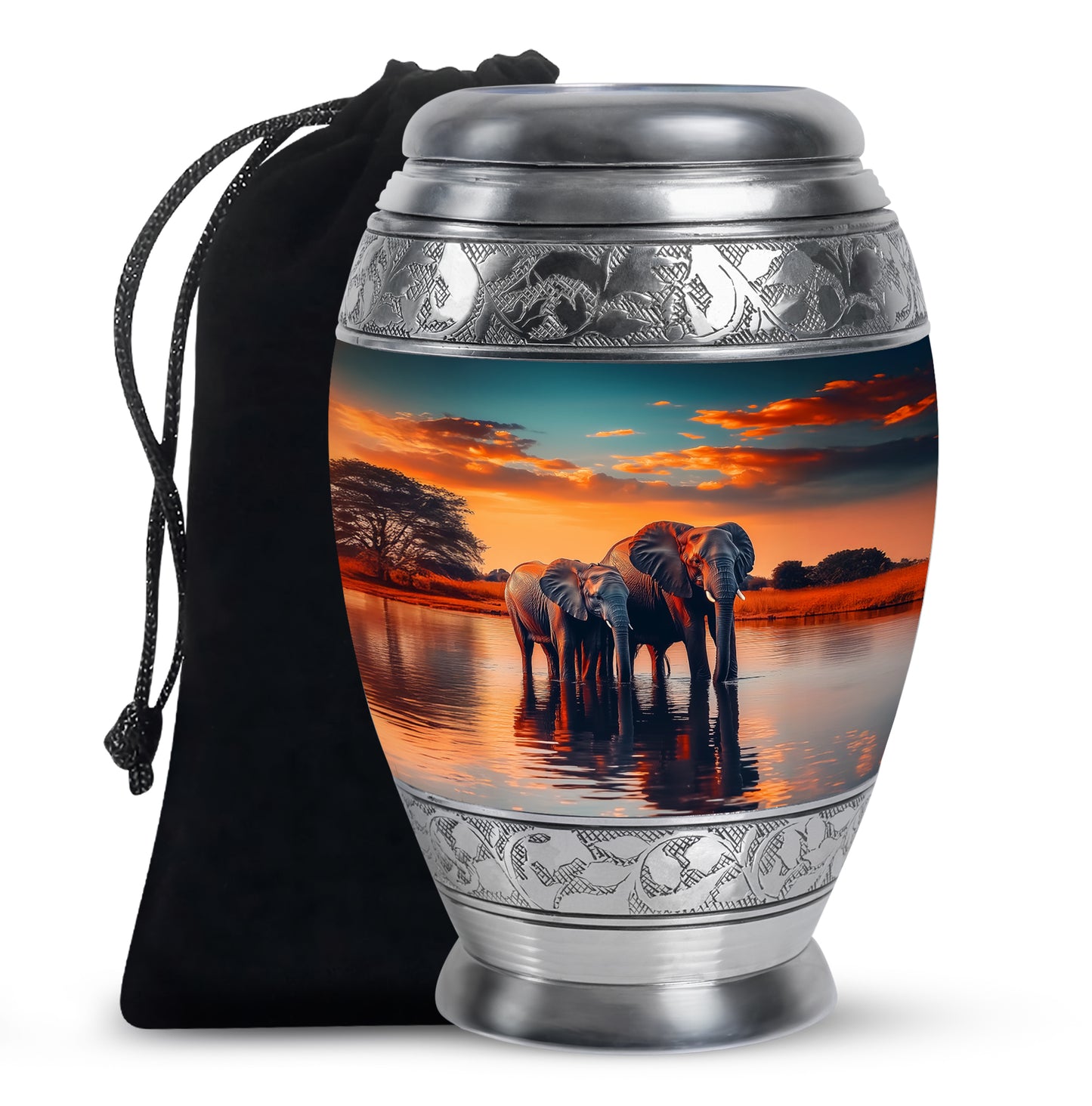 Aqua Teal Elephant Cremation Urn back view with polished surface - majestic elephant pattern with filigree border - full-size 10 inch 200 cubic inch adult cremation urn