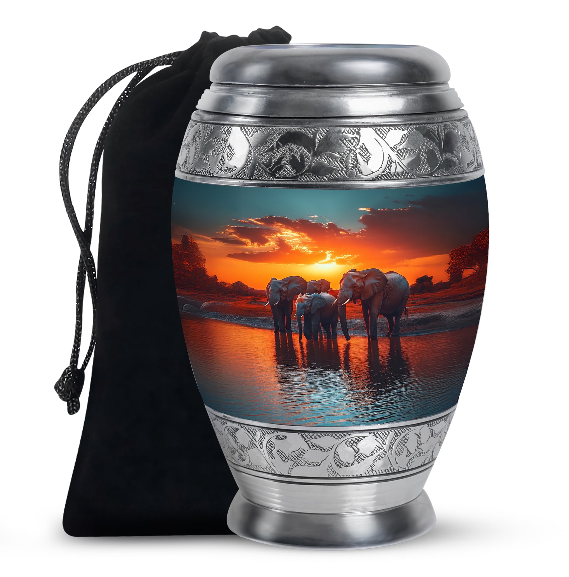 Aqua Teal Elephant Cremation Urn back view with polished surface - royal elephant engraving with decorative scrollwork - full-size 10 inch 200 cubic inch adult cremation urn