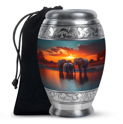 Aqua Teal Elephant Cremation Urn back view with polished surface - royal elephant engraving with decorative scrollwork - full-size 10 inch 200 cubic inch adult cremation urn