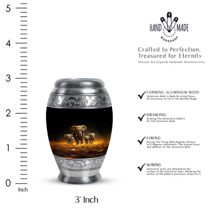 Obsidian Black Elephant Cremation Urn lifestyle display on memorial shelf - majestic elephant pattern with filigree border - mini keepsake memorial for portion of cremation ashes