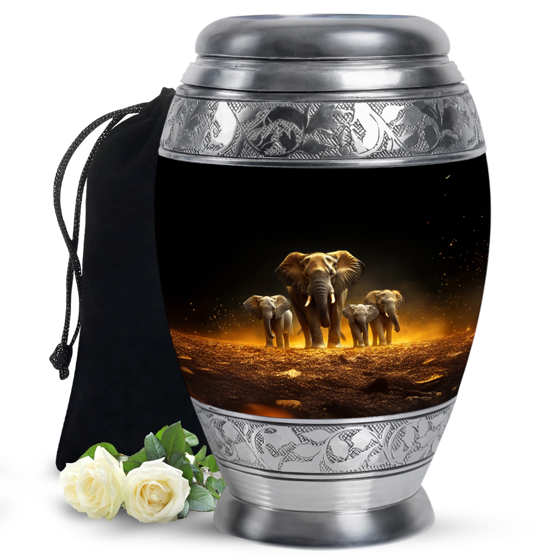 Deep Black Elephant Cremation Urn back view with polished surface - ornate monarch-style elephant relief on brushed aluminum - full-size 10 inch 200 cubic inch adult cremation urn