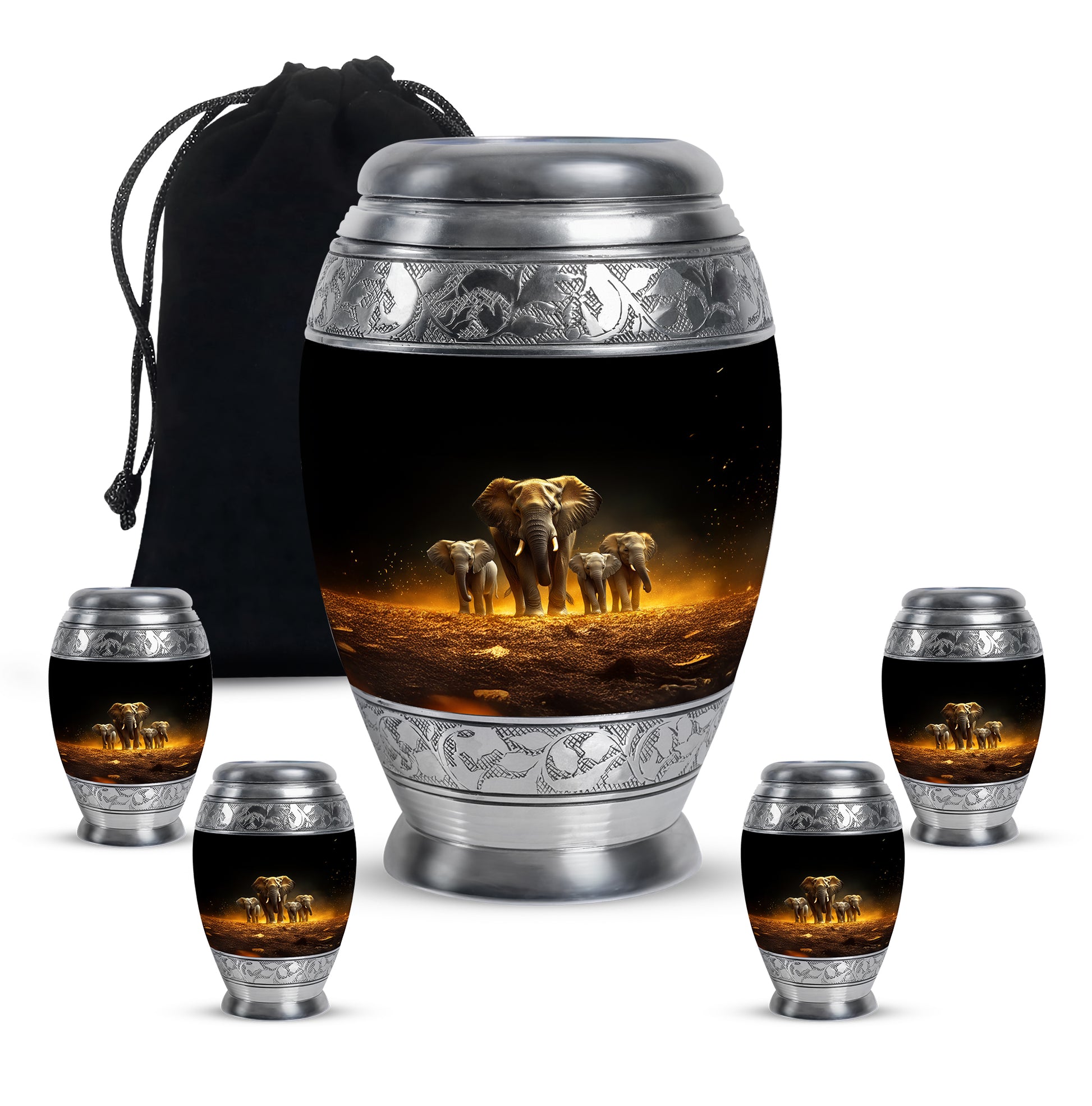 Midnight Black Elephant Cremation Urn detail view - royal elephant engraving with decorative scrollwork - memorial set with one large and four small urns