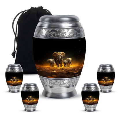 Midnight Black Elephant Cremation Urn detail view - royal elephant engraving with decorative scrollwork - memorial set with one large and four small urns