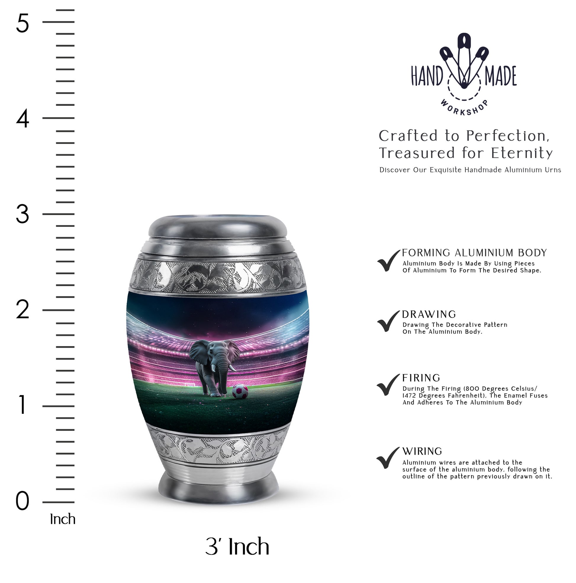 Rich Black Elephant Cremation Urn lifestyle display on memorial shelf - ornate monarch-style elephant relief on brushed aluminum - mini keepsake memorial for portion of cremation ashes