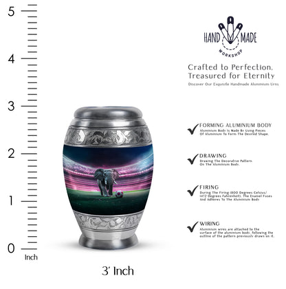 Rich Black Elephant Cremation Urn lifestyle display on memorial shelf - ornate monarch-style elephant relief on brushed aluminum - mini keepsake memorial for portion of cremation ashes