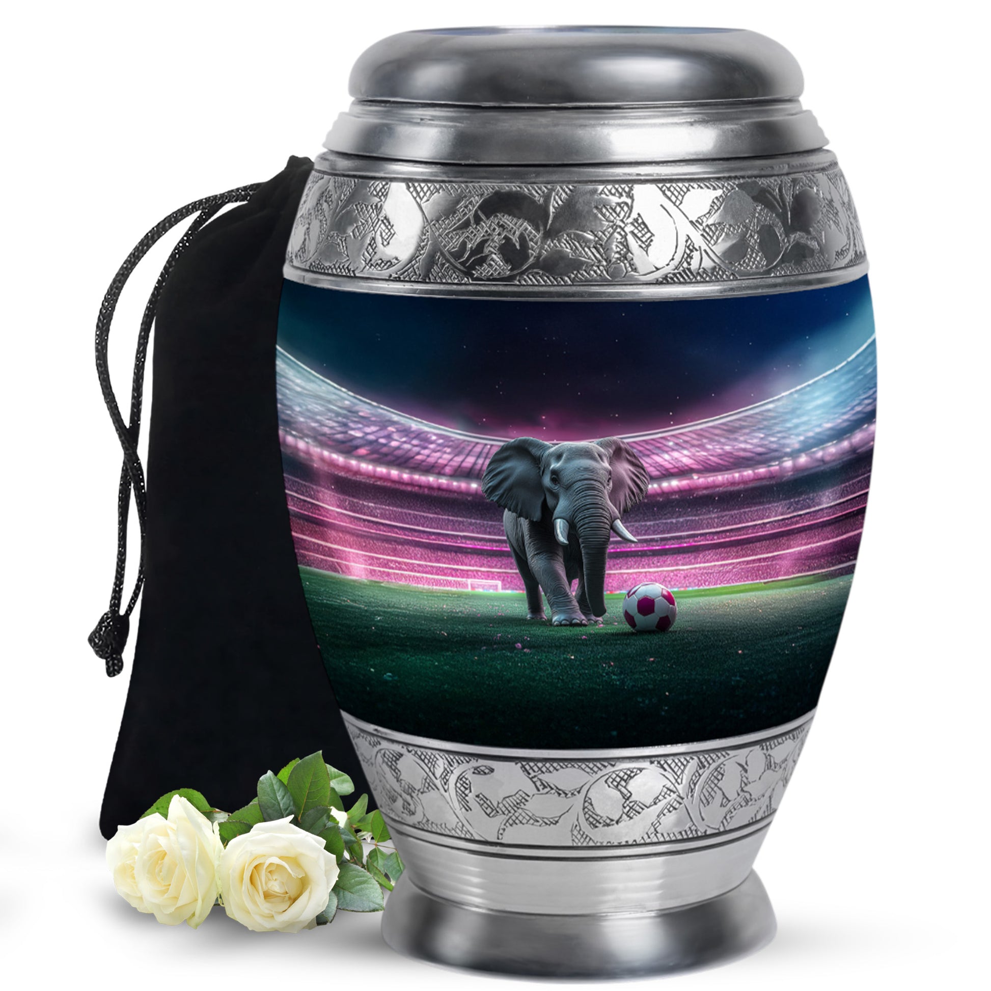 Onyx Black Elephant Cremation Urn back view with polished surface - majestic elephant pattern with filigree border - full-size 10 inch 200 cubic inch adult cremation urn
